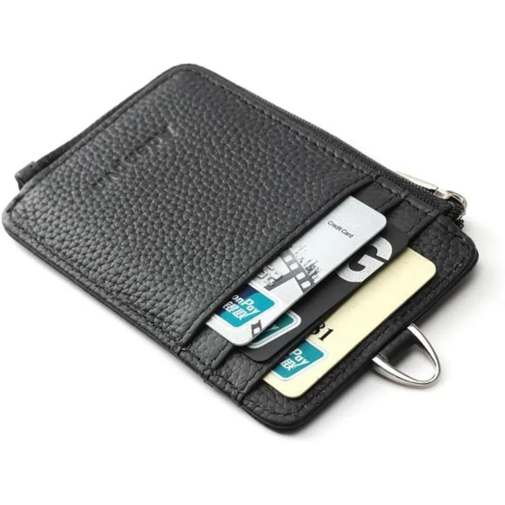 Genuine Leather id Badge Holder with Zipper Pocket,Vertical Lanyard Wallet,id